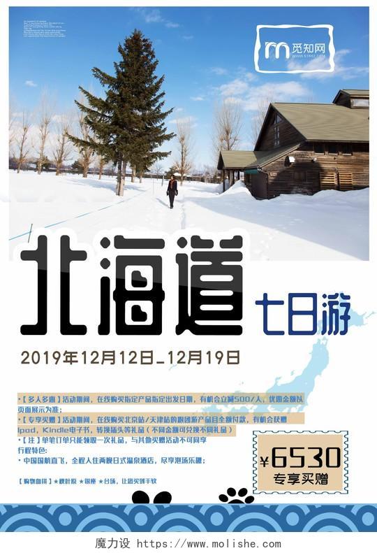 蓝色清爽冬天唯美北海道冬季旅游海报设计